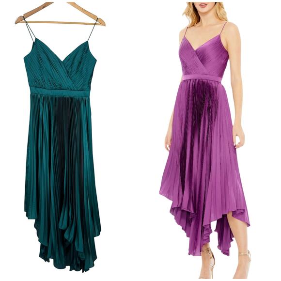 Mac Duggal NWT Pleated Satin Flowy Midi Dress Sample Color Teal Size 2 - Picture 1 of 9